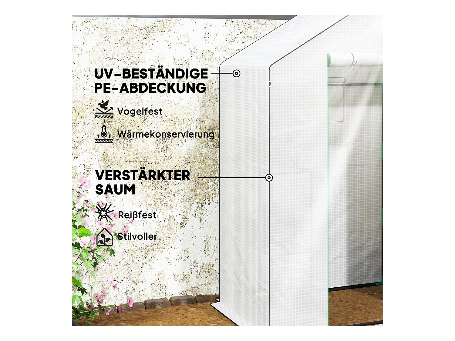 Tuinkas met roldeur, ramen, planken, versterkt kunststof, wit (143x74x190cm)