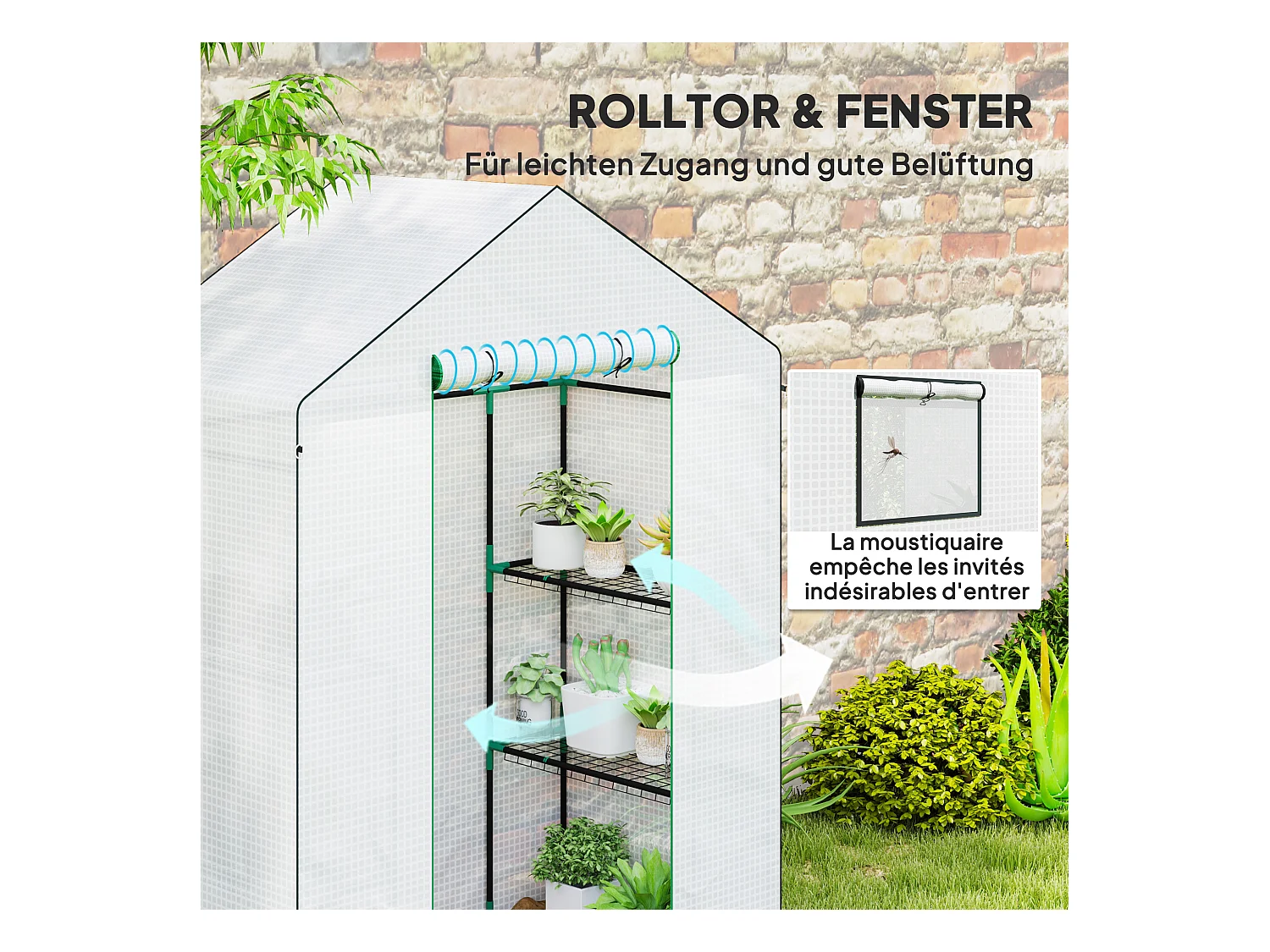 Tuinkas met roldeur, ramen, planken, versterkt kunststof, wit (143x74x190cm)