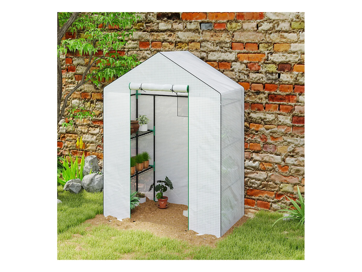 Tuinkas met roldeur, ramen, planken, versterkt kunststof, wit (143x74x190cm)