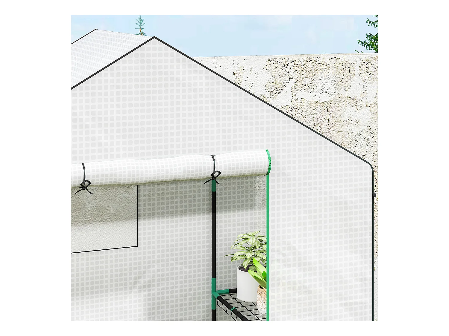 Tuinkas met roldeur, ramen, planken, versterkt kunststof, wit (143x74x190cm)