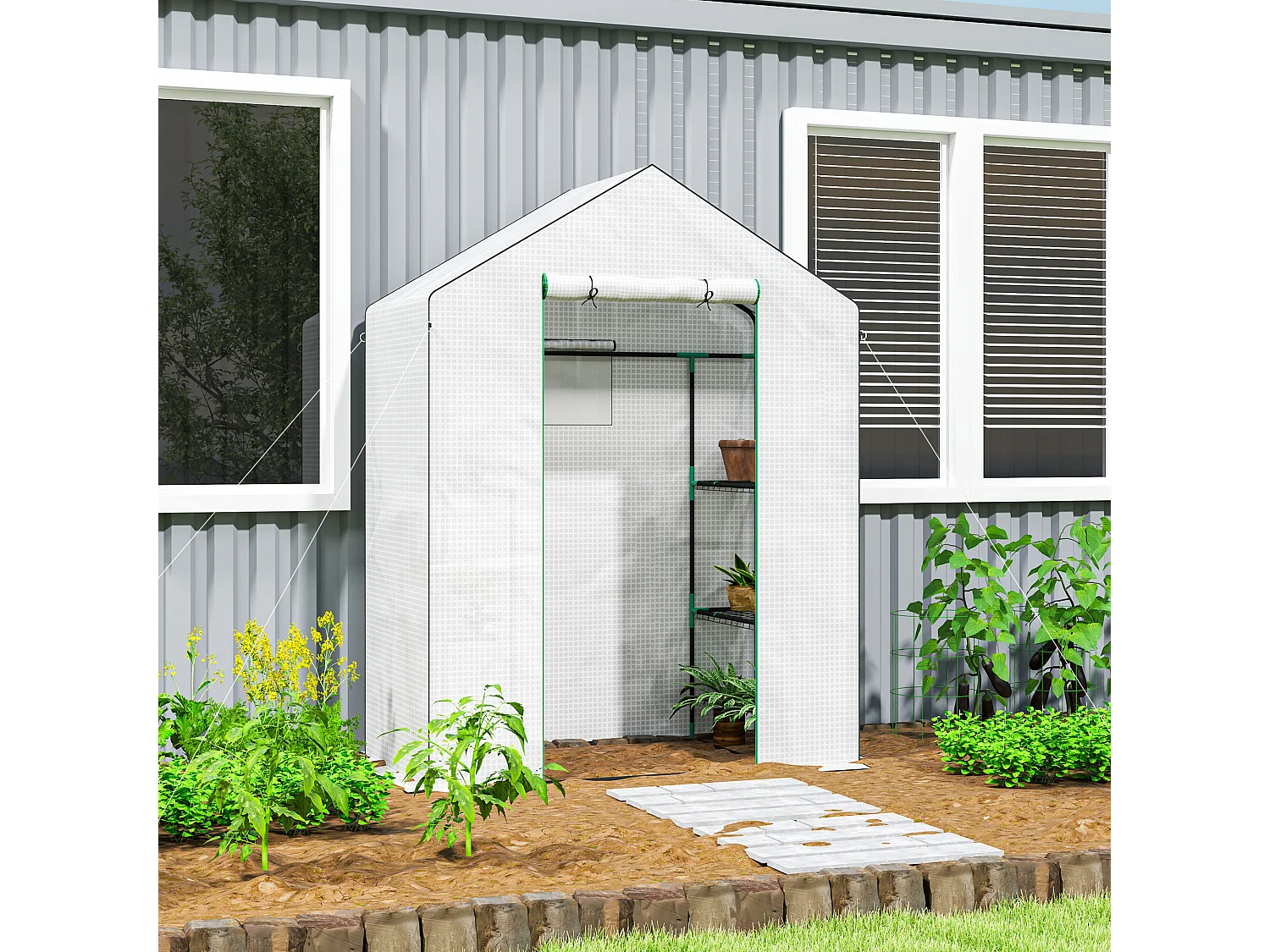 Serre de jardin avec porte roulante, fenêtres, étagères, plastique renforcé, blanc (143x74x190cm)