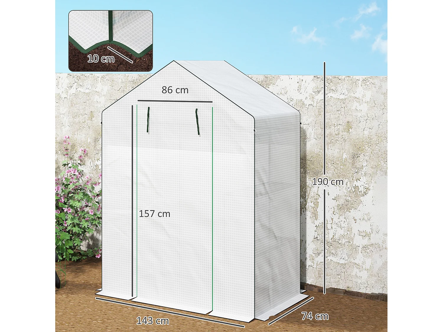 Serre de jardin avec porte roulante, fenêtres, étagères, plastique renforcé, blanc (143x74x190cm)