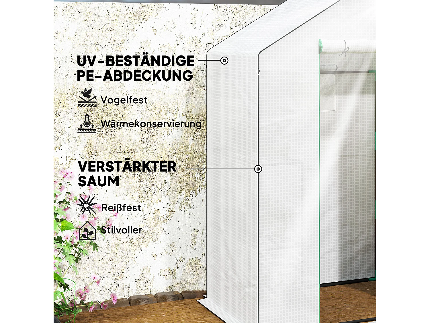 Serre de jardin avec porte roulante, fenêtres, étagères, plastique renforcé, blanc (143x74x190cm)