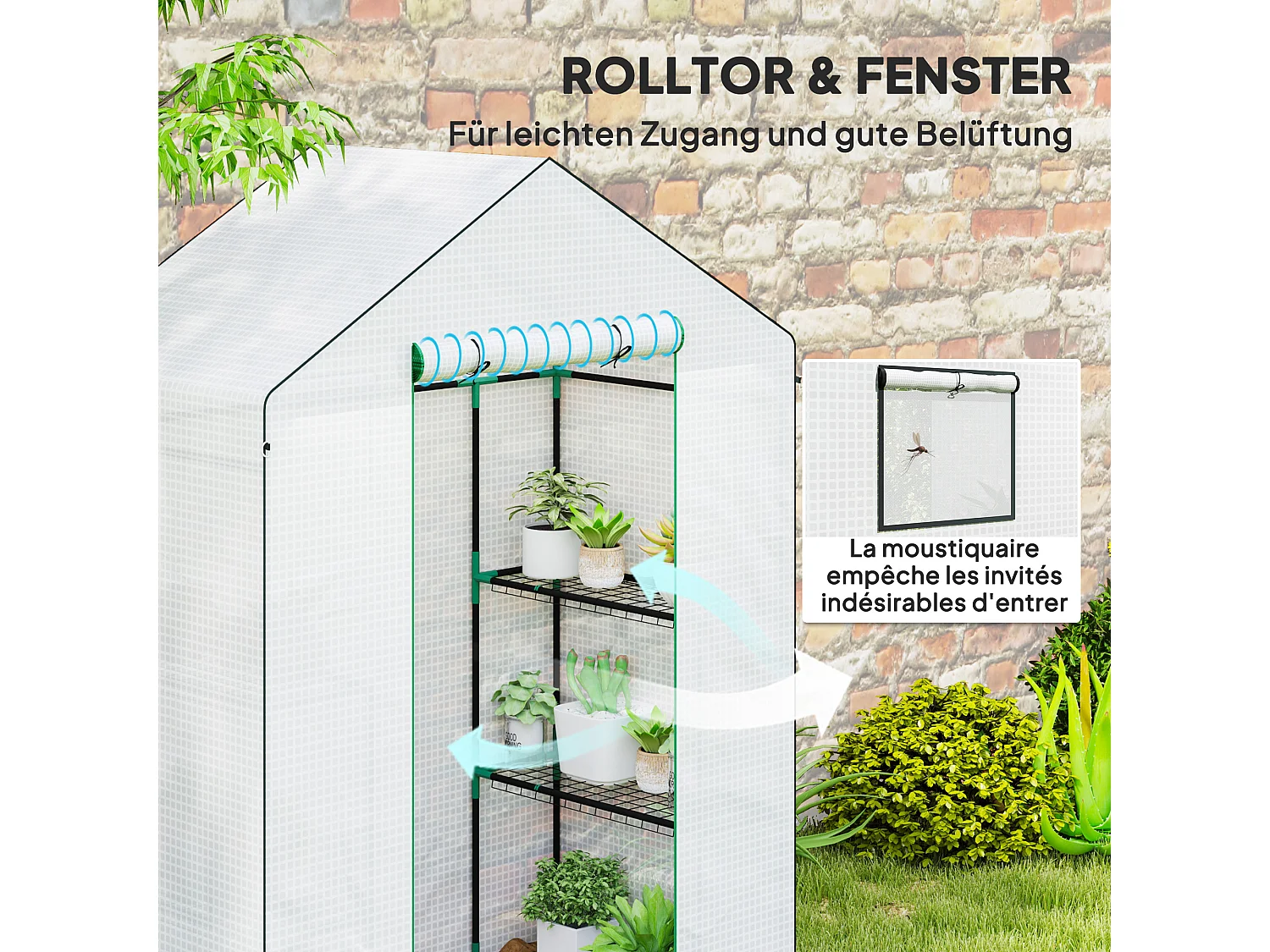 Serre de jardin avec porte roulante, fenêtres, étagères, plastique renforcé, blanc (143x74x190cm)