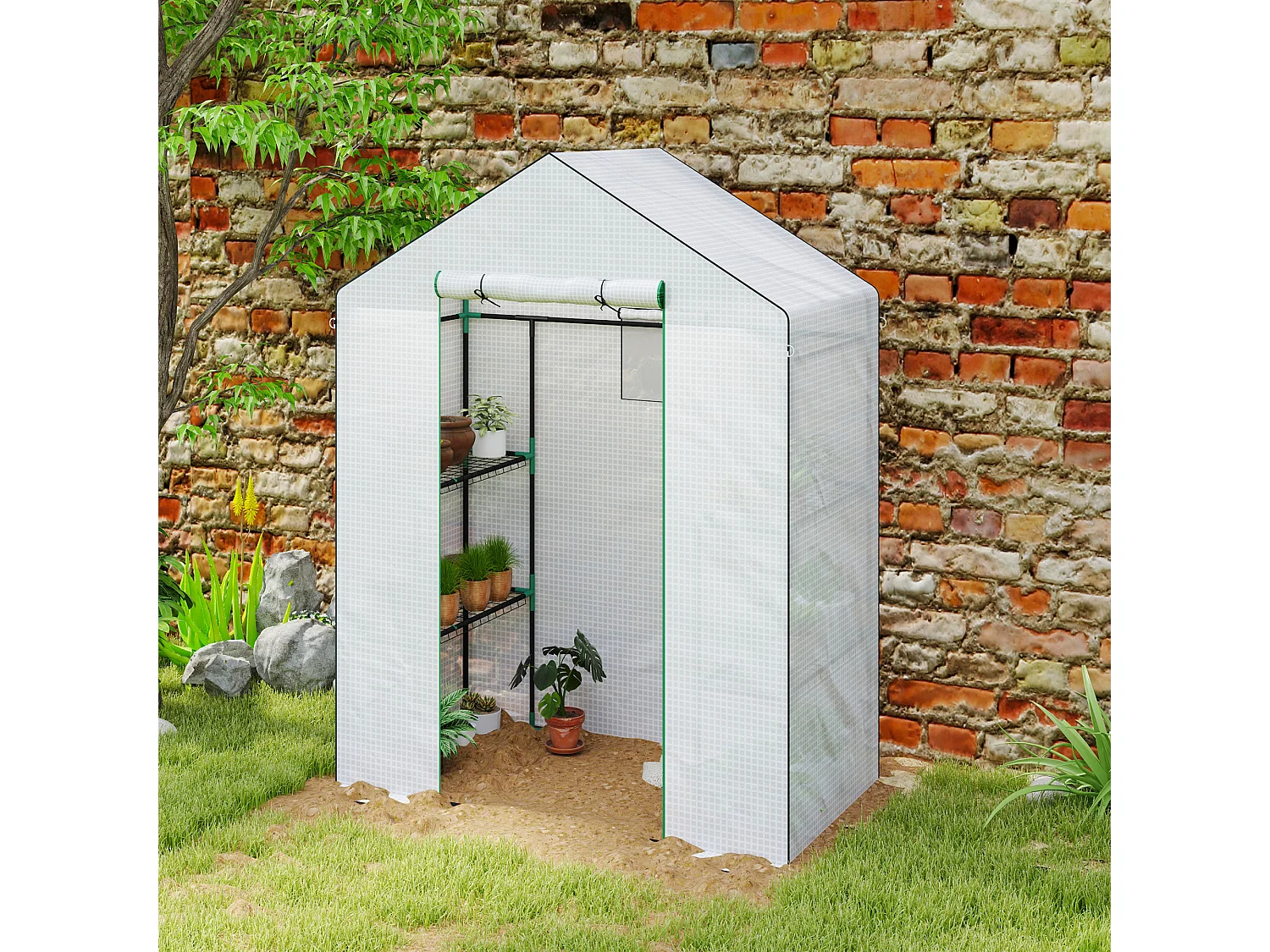 Serre de jardin avec porte roulante, fenêtres, étagères, plastique renforcé, blanc (143x74x190cm)