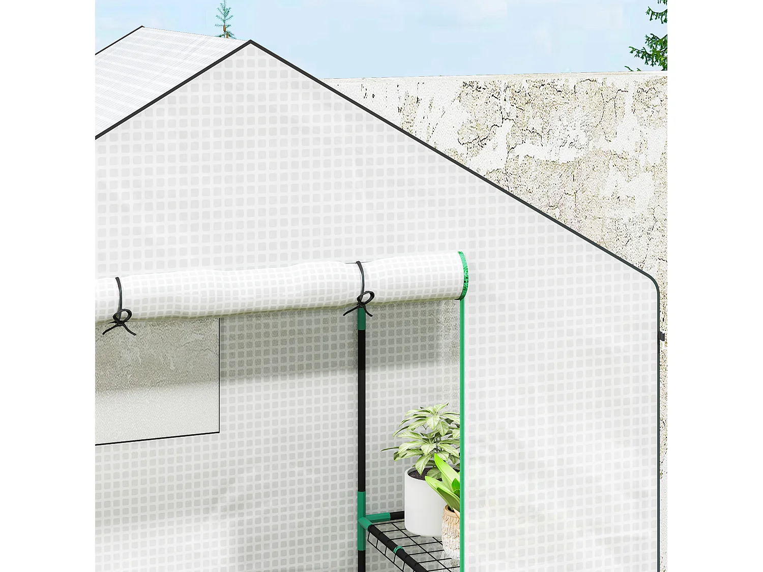 Serre de jardin avec porte roulante, fenêtres, étagères, plastique renforcé, blanc (143x74x190cm)