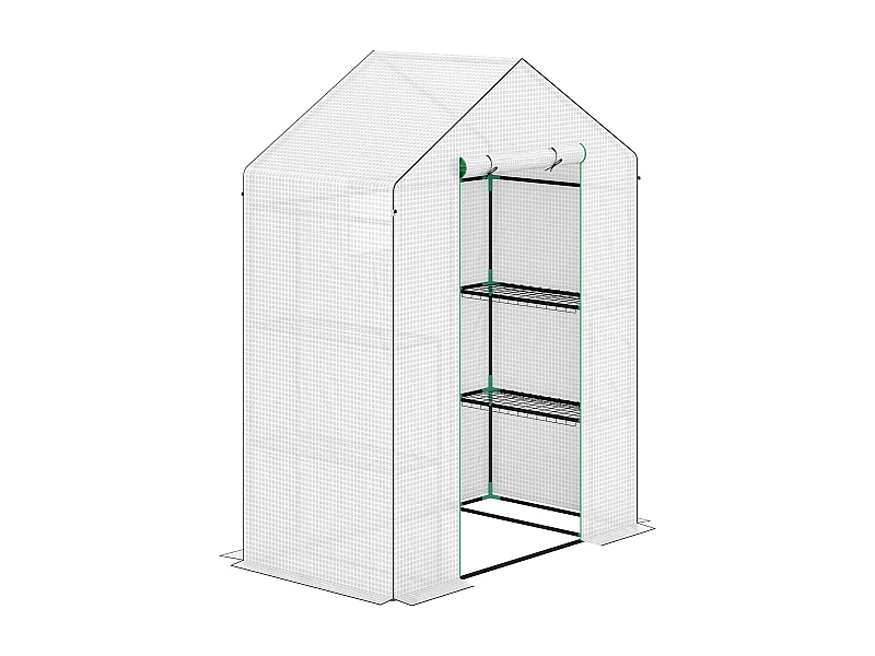 Serre de jardin avec porte roulante, fenêtres, étagères, plastique renforcé, blanc (143x74x190cm)
