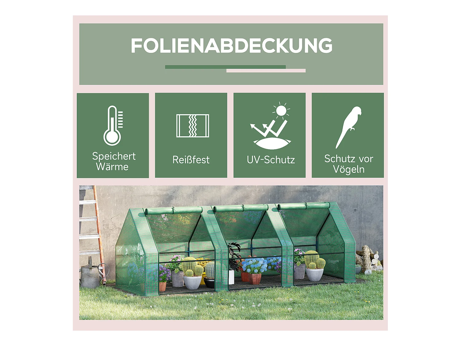 Tuinkas voor planten, gemaakt van staal, weerbestendig PE, groen (270x90x90 cm)