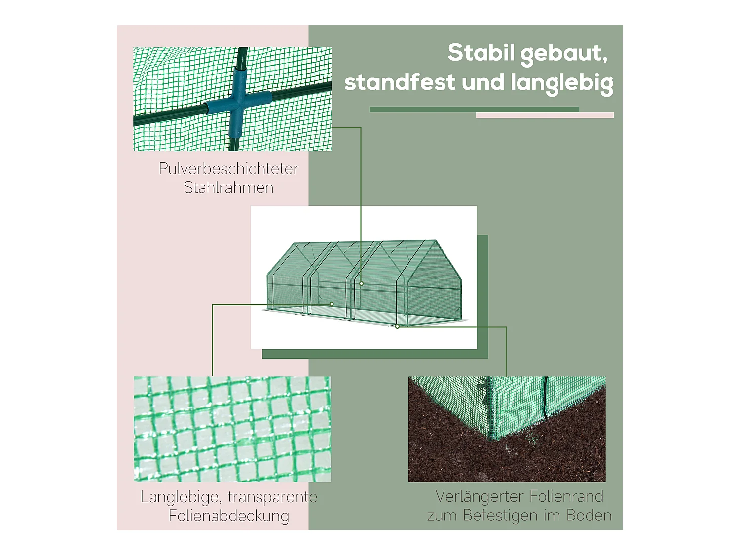 Tuinkas voor planten, gemaakt van staal, weerbestendig PE, groen (270x90x90 cm)