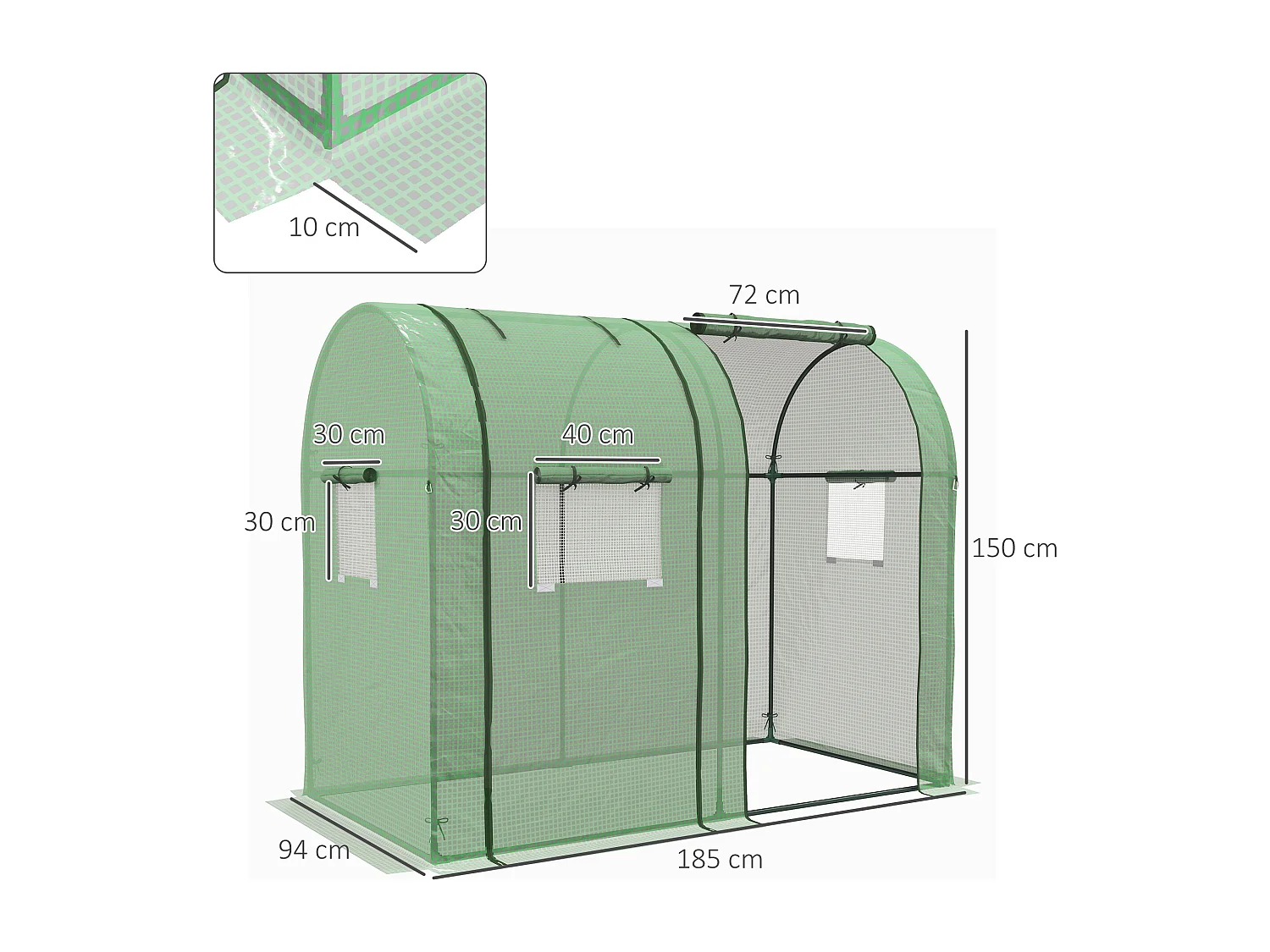 Tuinkas met 2 roldeuren, ramen, UV-bescherming, PE, groen (185x94x150 cm)