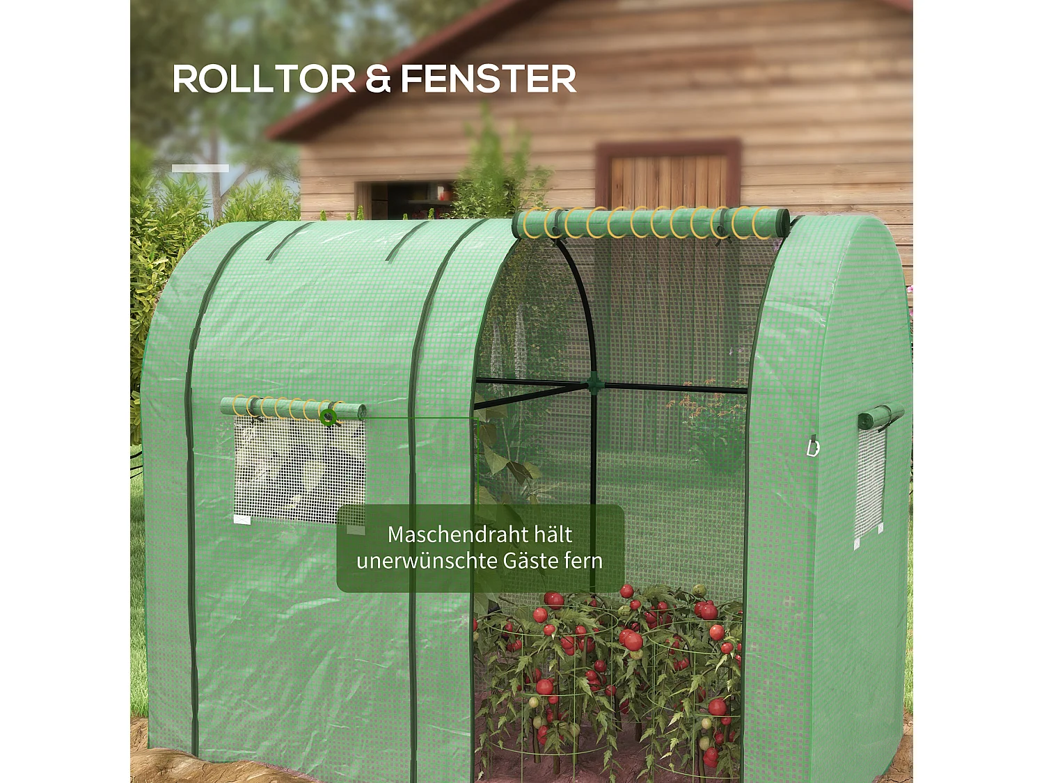 Tuinkas met 2 roldeuren, ramen, UV-bescherming, PE, groen (185x94x150 cm)
