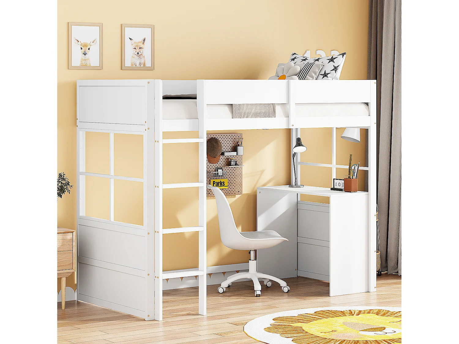 Houten hoogslaper 90x200 cm, veiligheidstrap, ingebouwd bureau, hoge leuning, kinderbed, wit (204x96x160 cm)