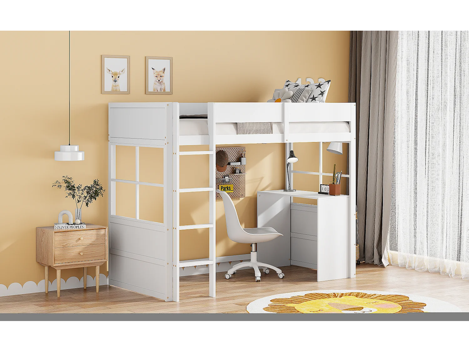 Houten hoogslaper 90x200 cm, veiligheidstrap, ingebouwd bureau, hoge leuning, kinderbed, wit (204x96x160 cm)