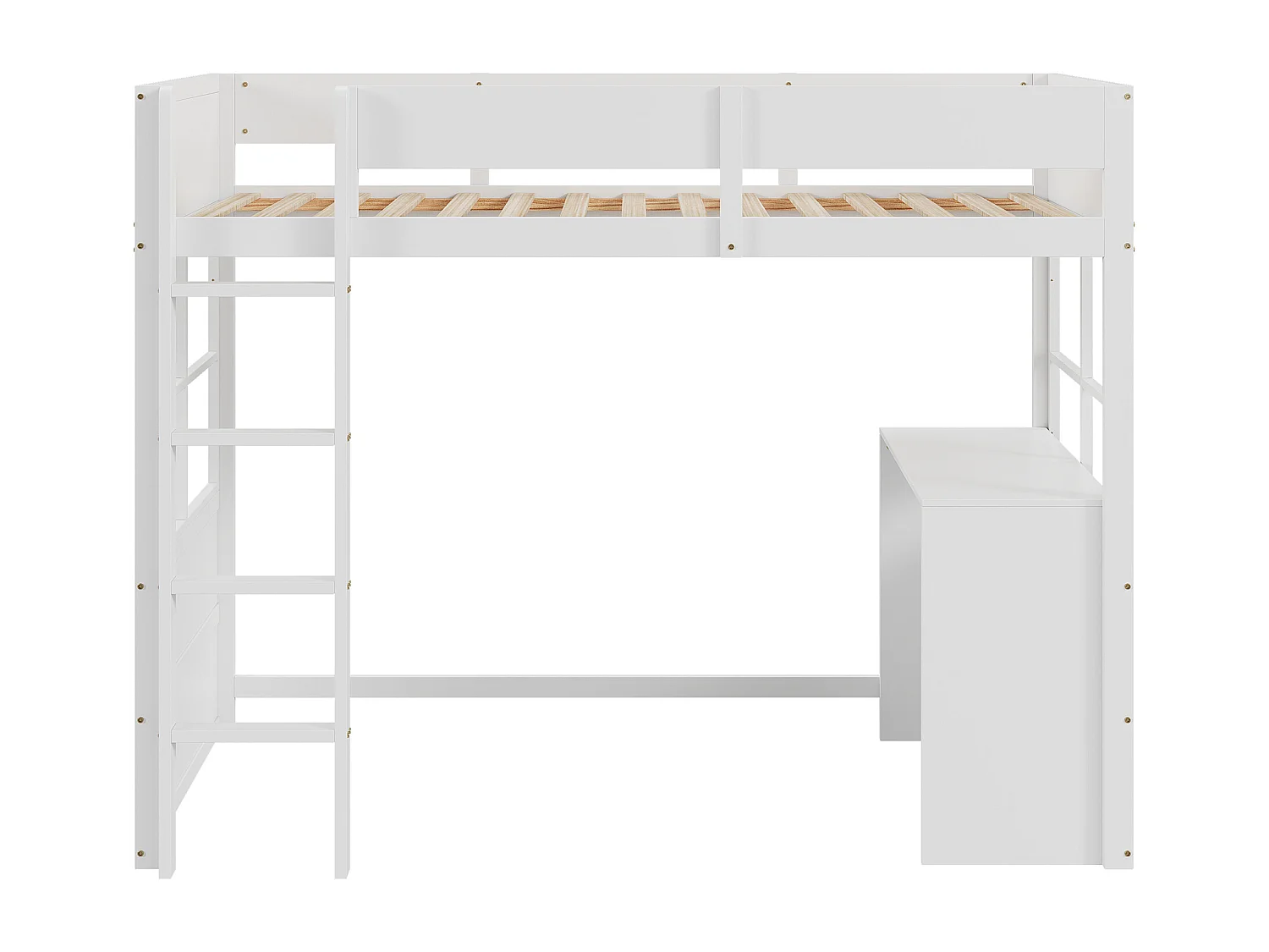 Houten hoogslaper 90x200 cm, veiligheidstrap, ingebouwd bureau, hoge leuning, kinderbed, wit (204x96x160 cm)