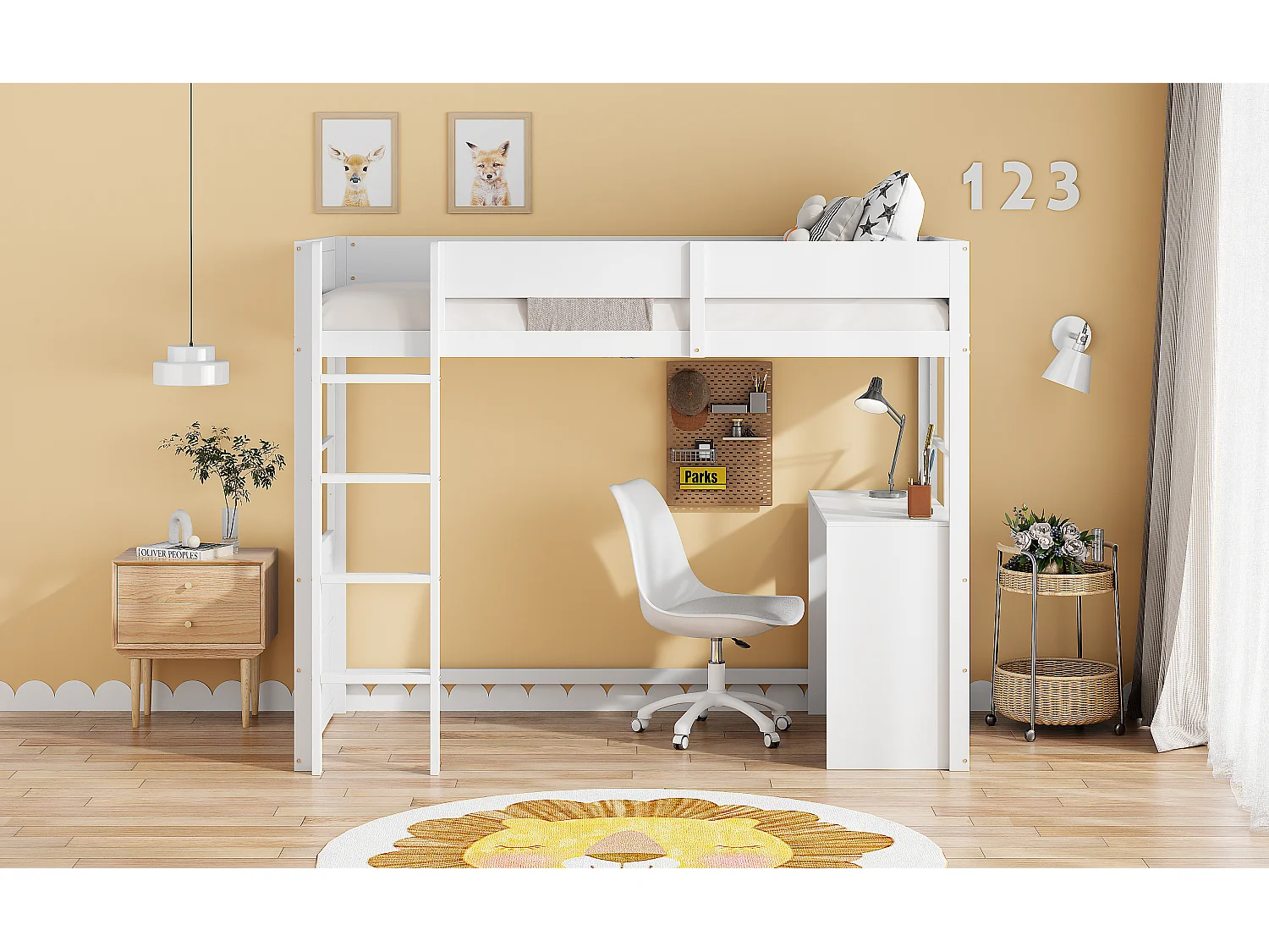 Houten hoogslaper 90x200 cm, veiligheidstrap, ingebouwd bureau, hoge leuning, kinderbed, wit (204x96x160 cm)