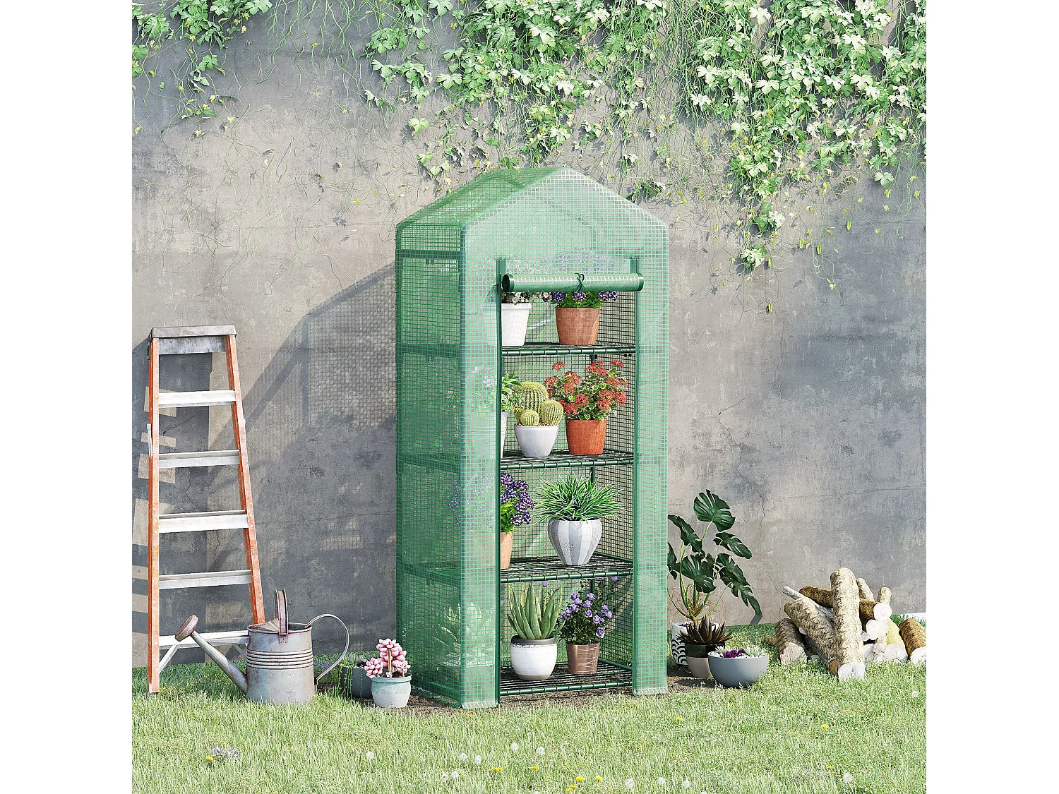 Compacte tuinkas met planken, gemaakt van staal en PVC, groen, voor planten en zaailingen (70x50x160 cm)