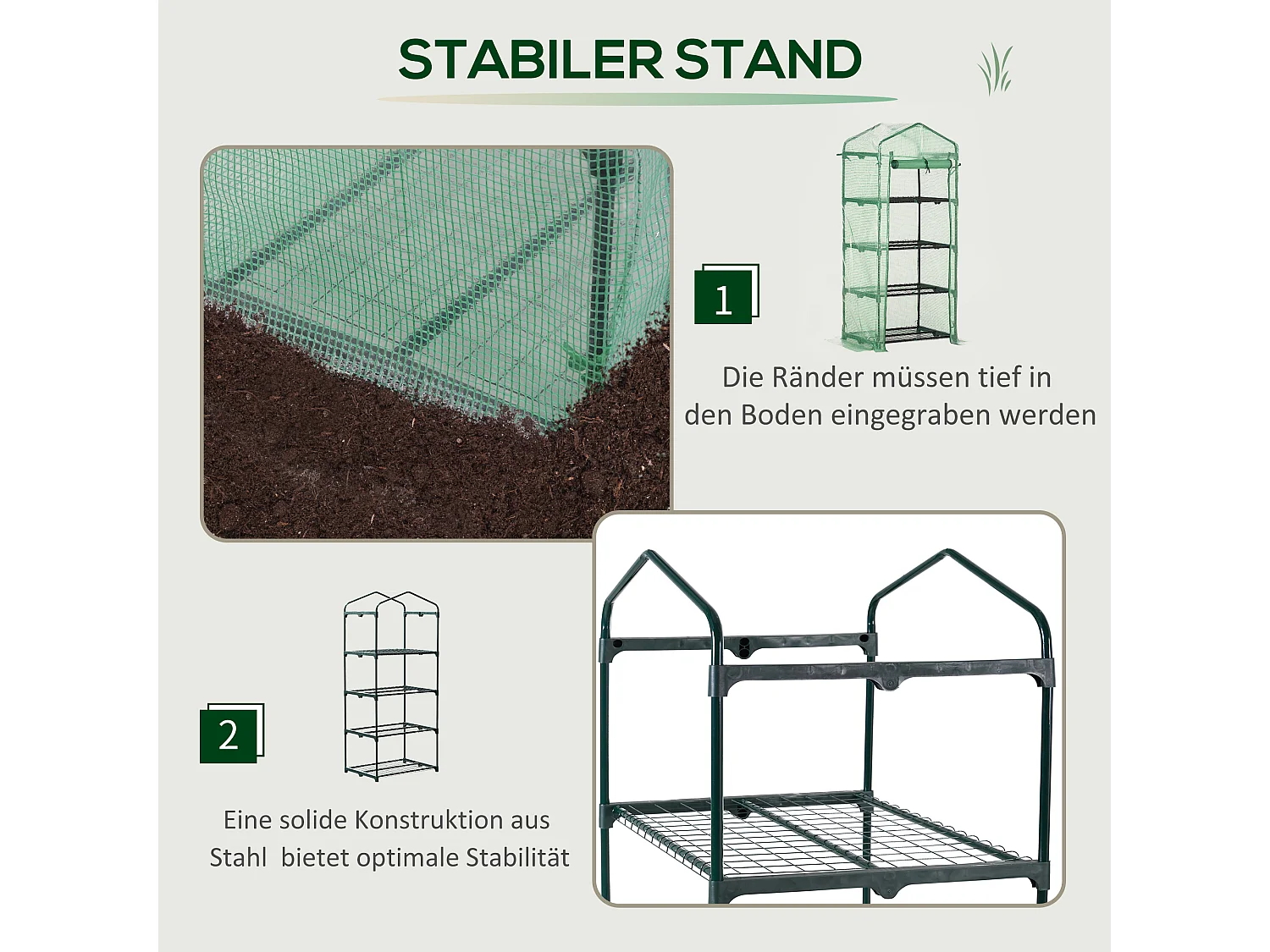Compacte tuinkas met planken, gemaakt van staal en PVC, groen, voor planten en zaailingen (70x50x160 cm)