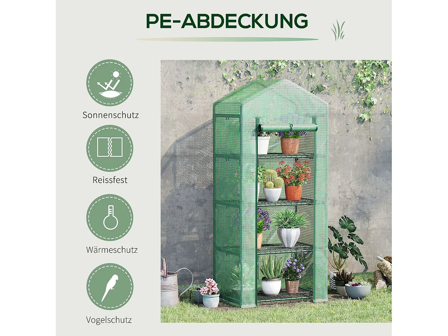 Compacte tuinkas met planken, gemaakt van staal en PVC, groen, voor planten en zaailingen (70x50x160 cm)