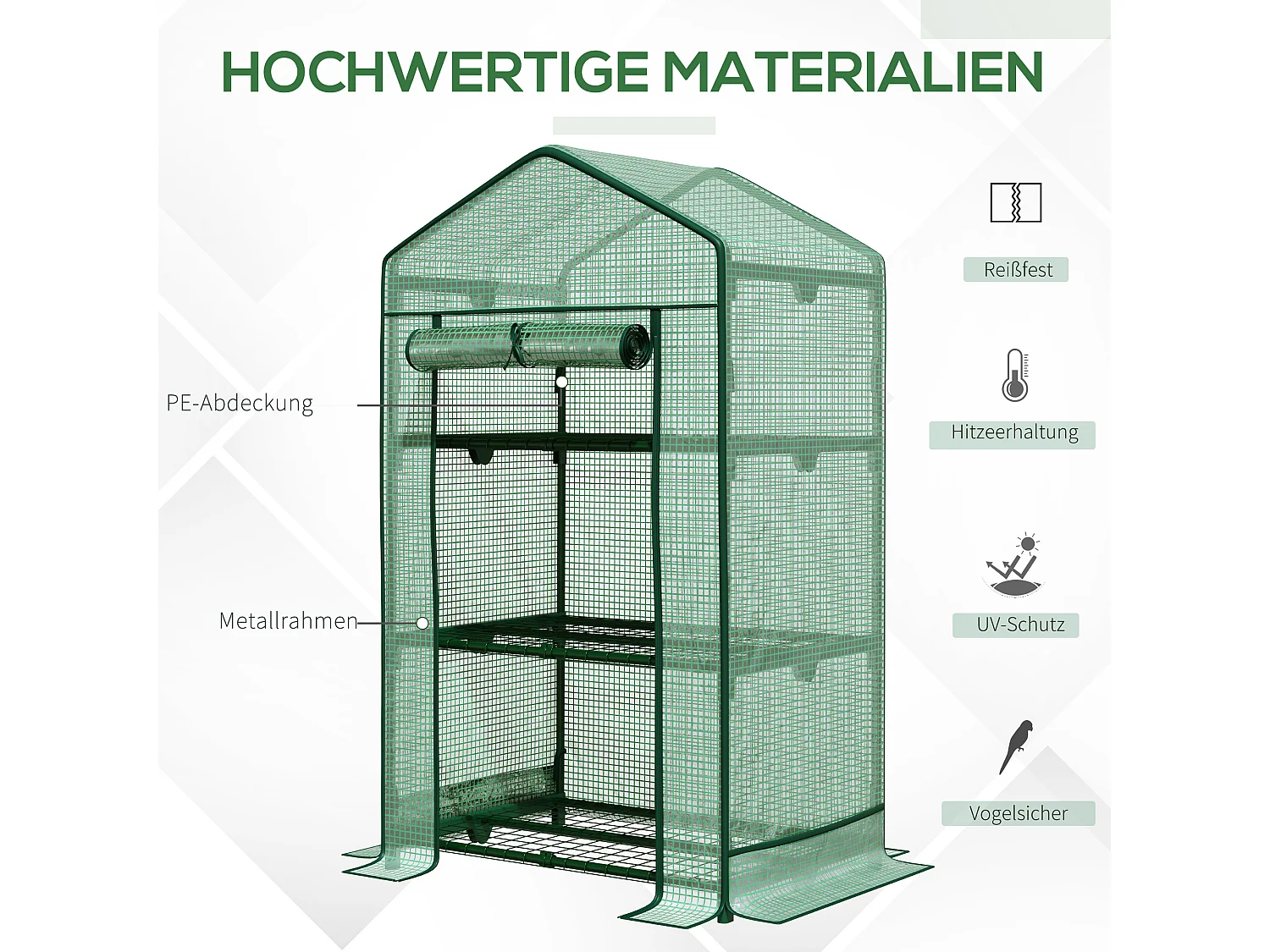 Minikas met planken, PE roldeksel, metaal, groen (69x49x125cm)