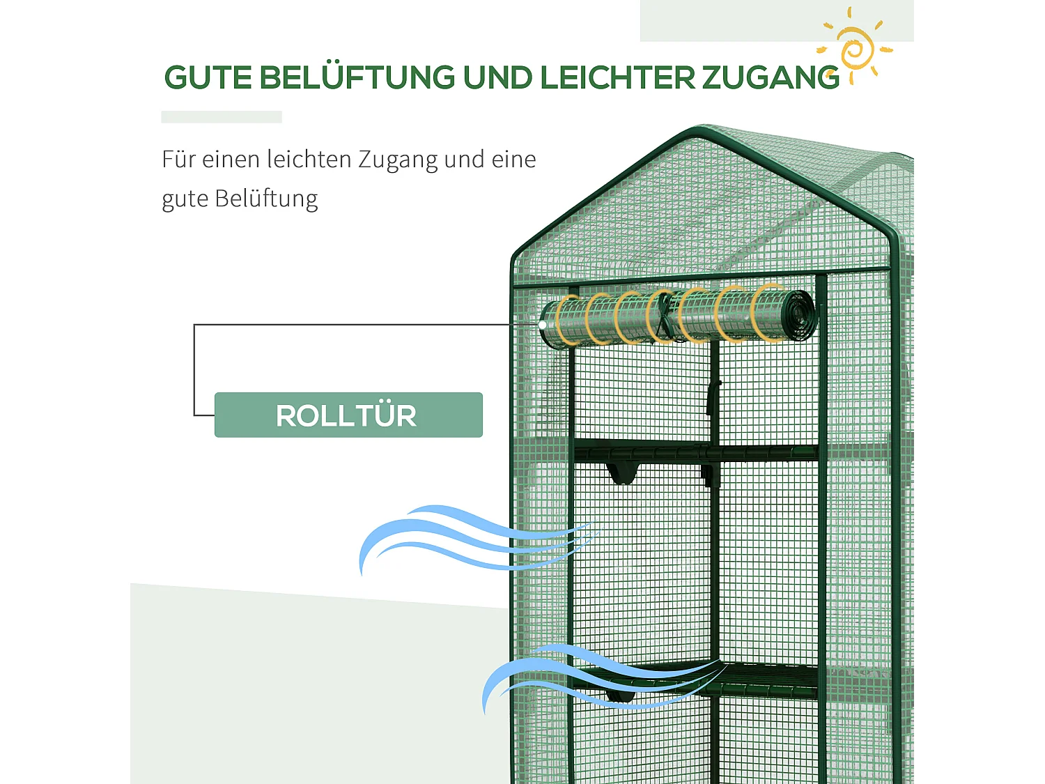 Minikas met planken, PE roldeksel, metaal, groen (69x49x125cm)