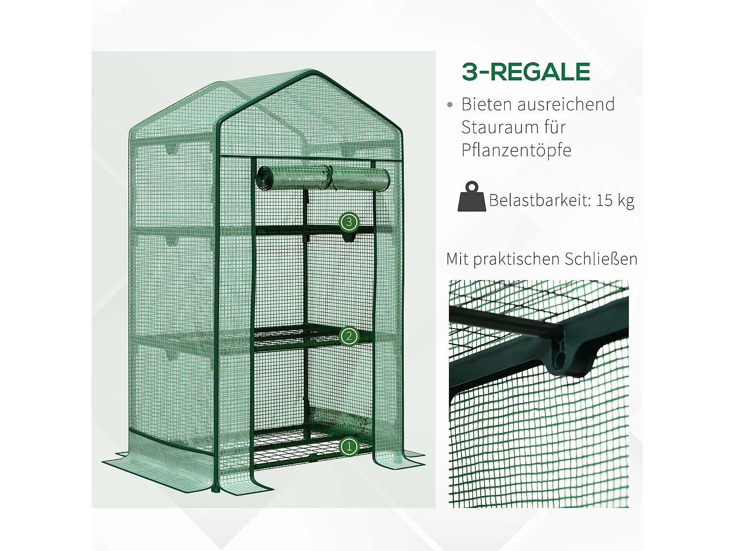 Minikas met planken, PE roldeksel, metaal, groen (69x49x125cm)