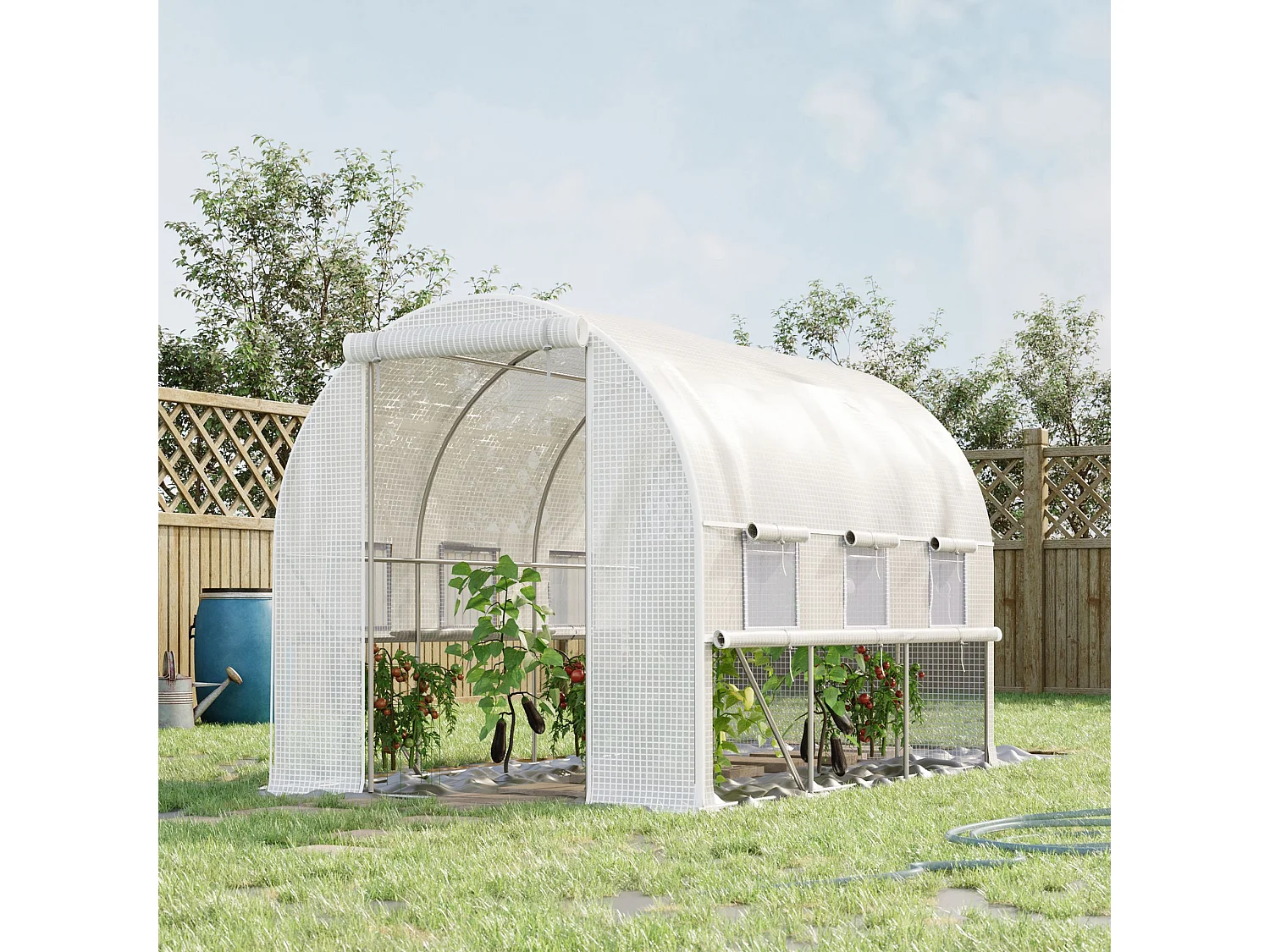 Serre tunnel avec fenêtres roulables, protection UV et vent, structure en acier, blanche (295x200x200 cm)