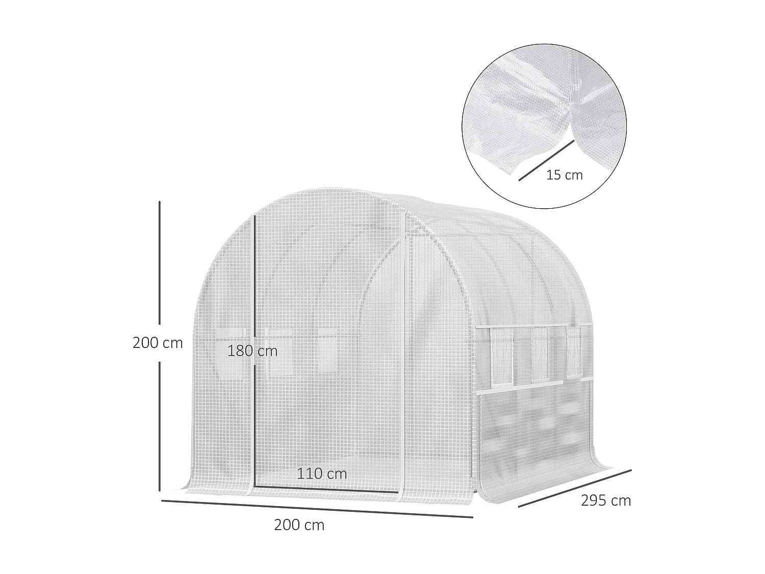 Serre tunnel avec fenêtres roulables, protection UV et vent, structure en acier, blanche (295x200x200 cm)
