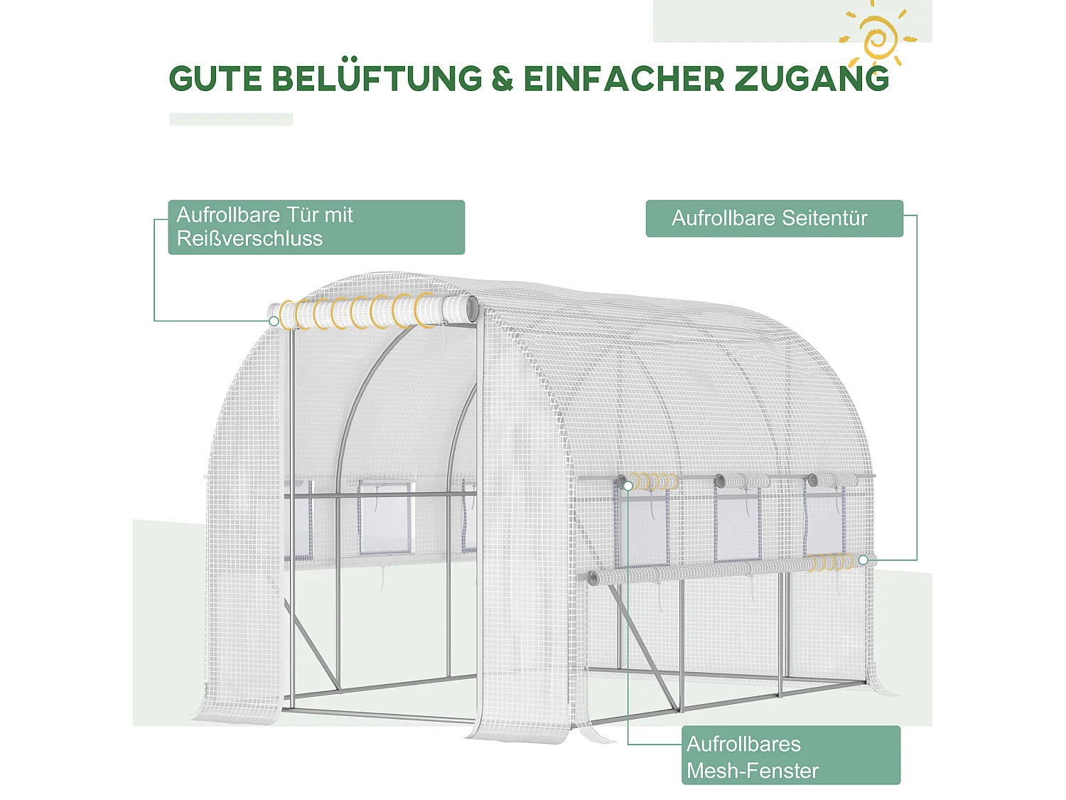 Serre tunnel avec fenêtres roulables, protection UV et vent, structure en acier, blanche (295x200x200 cm)