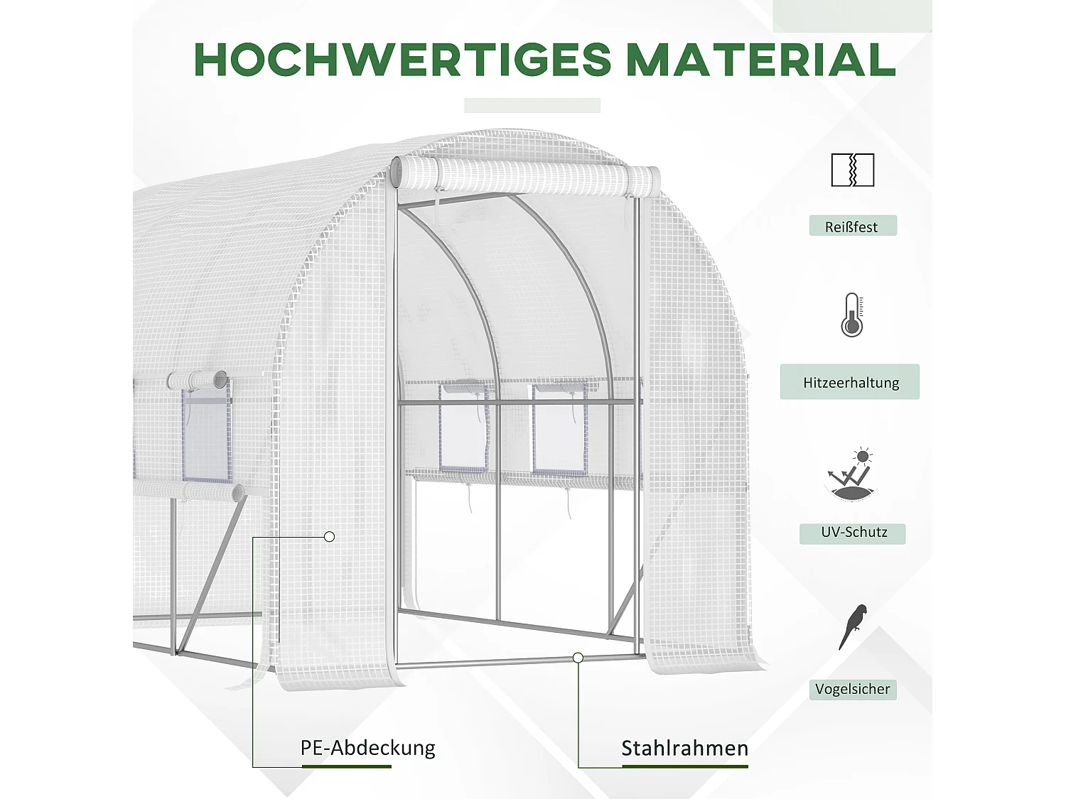 Serre tunnel avec fenêtres roulables, protection UV et vent, structure en acier, blanche (295x200x200 cm)