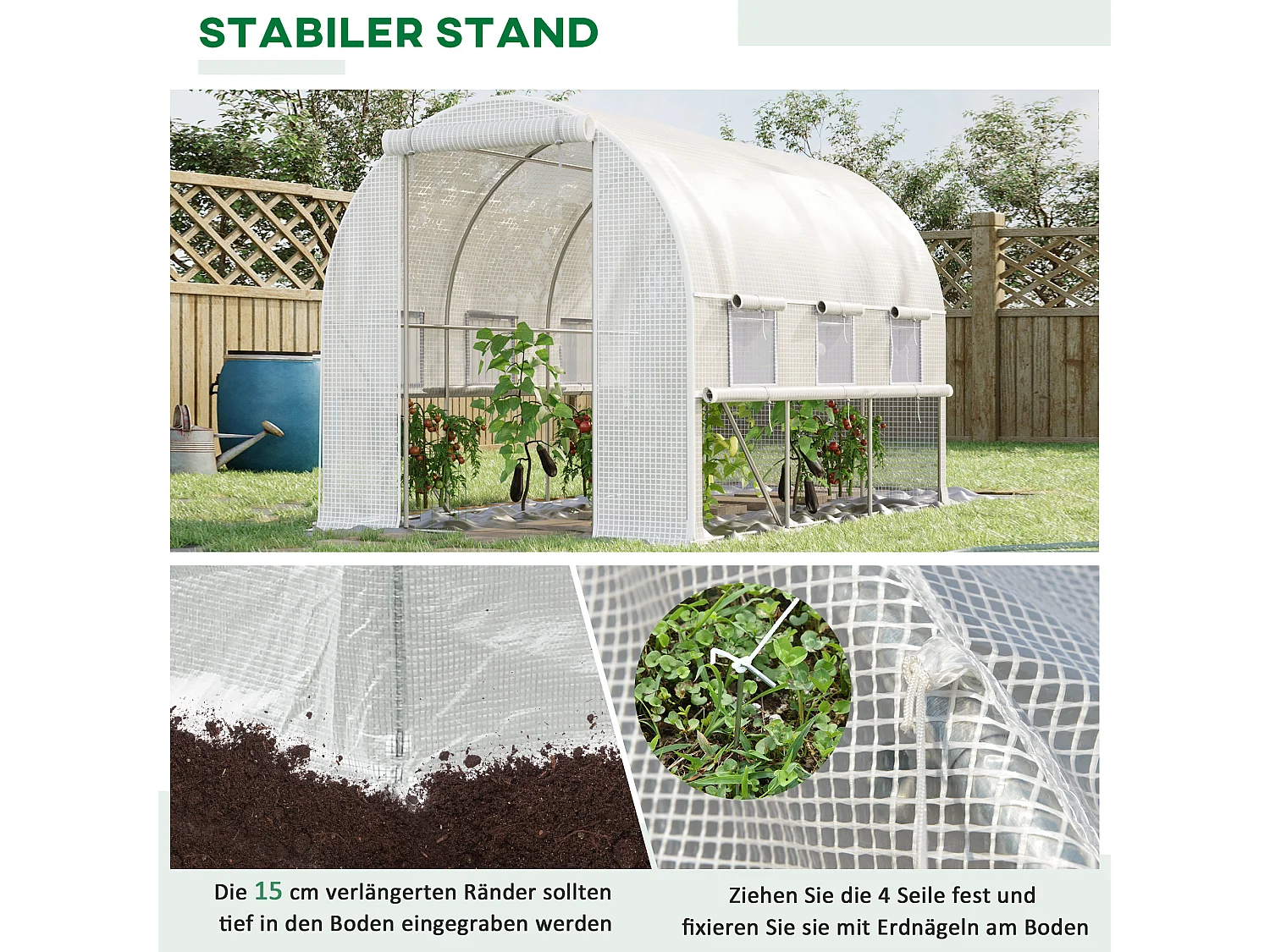 Serre tunnel avec fenêtres roulables, protection UV et vent, structure en acier, blanche (295x200x200 cm)