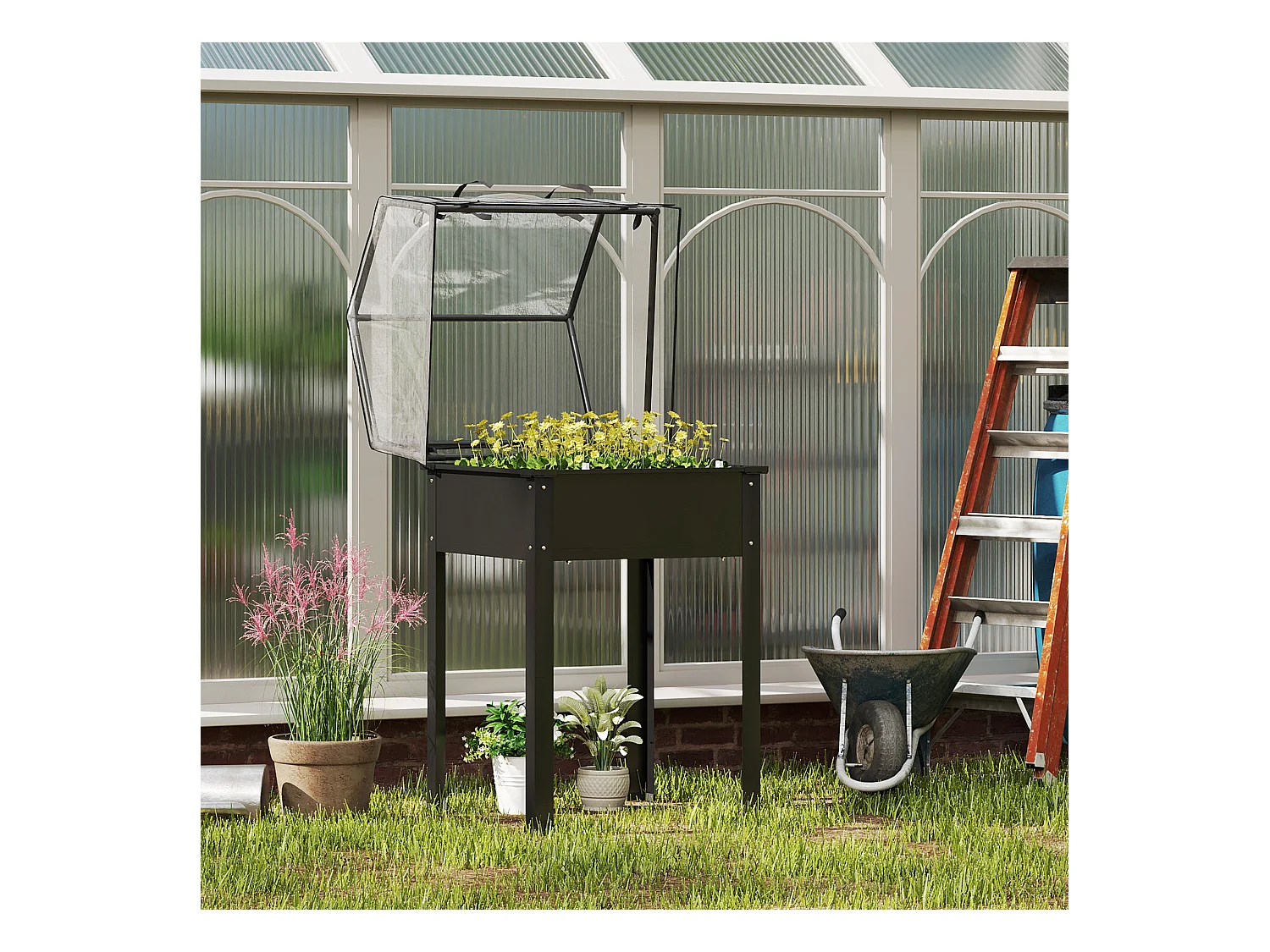 Bac à plantes surélevé avec couvercle transparent, métal résistant, noir (60x60x120cm)