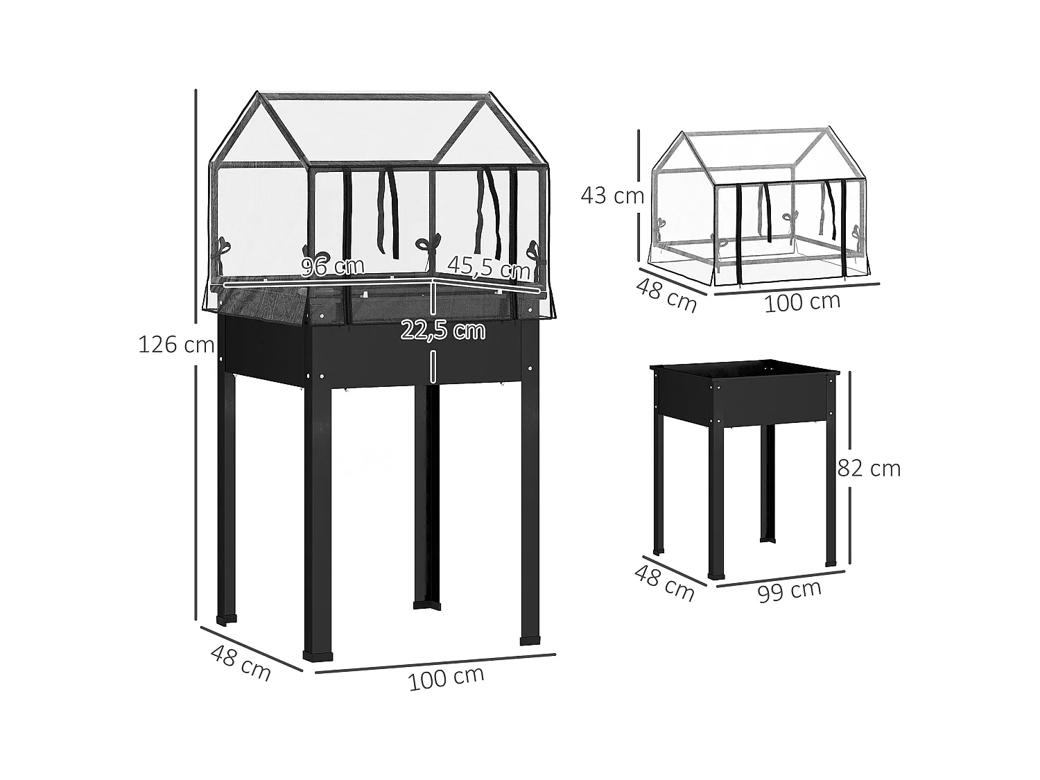 Bac à plantes surélevé avec couvercle transparent, métal résistant, noir (60x60x120cm)