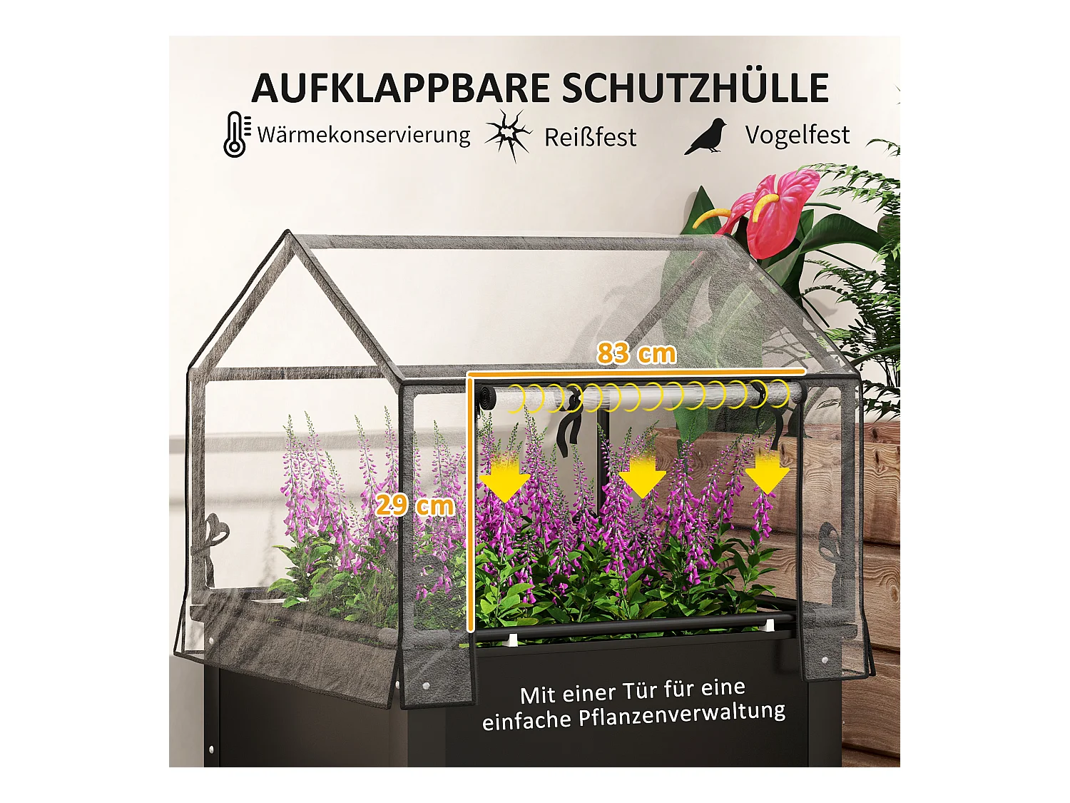 Bac à plantes surélevé avec couvercle transparent, métal résistant, noir (60x60x120cm)