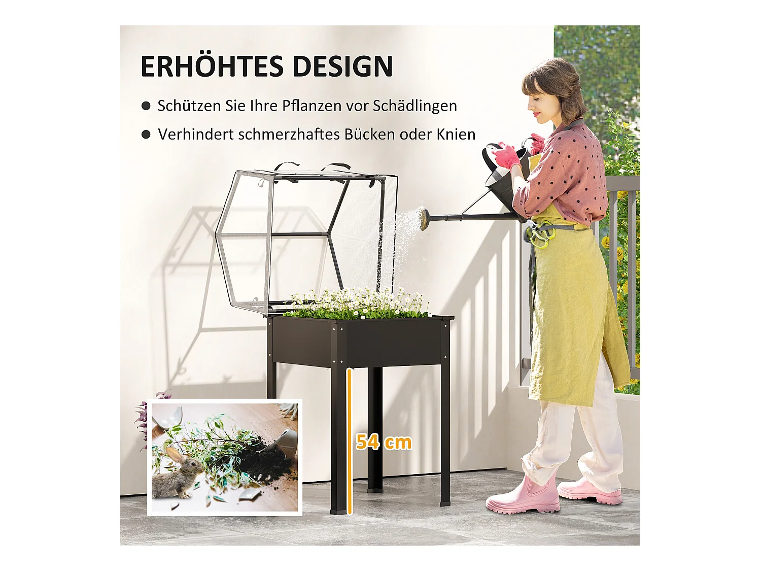 Bac à plantes surélevé avec couvercle transparent, métal résistant, noir (60x60x120cm)