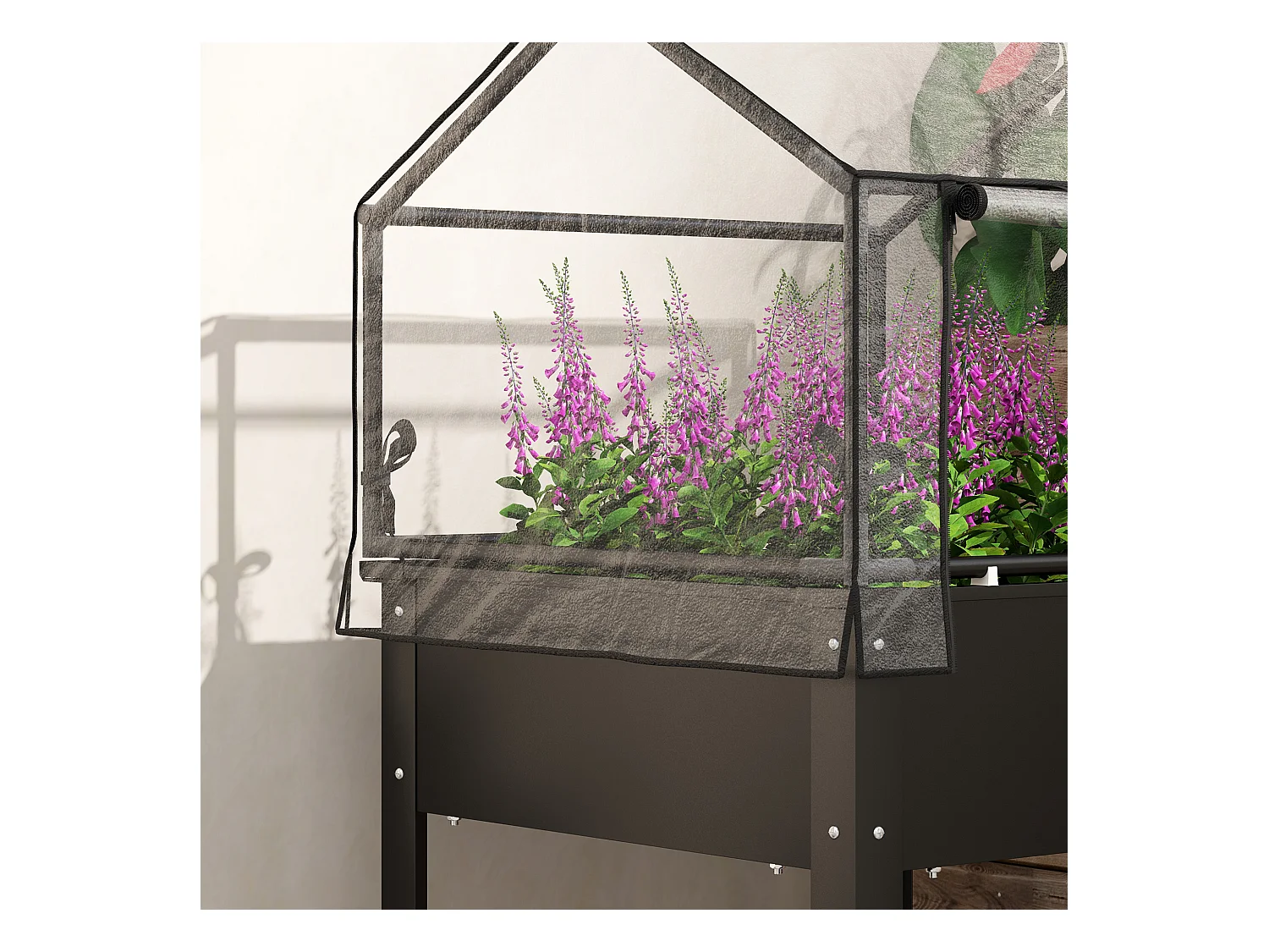 Bac à plantes surélevé avec couvercle transparent, métal résistant, noir (60x60x120cm)