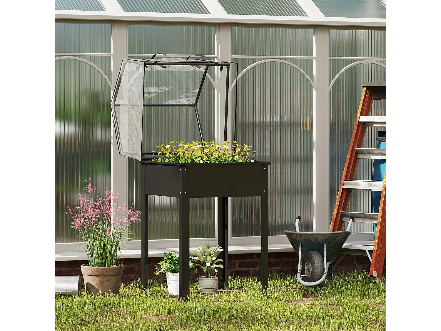 Bac à plantes surélevé avec couvercle transparent, métal résistant, noir (60x60x120cm)