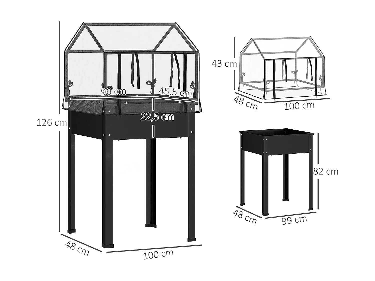Bac à plantes surélevé avec couvercle transparent, métal résistant, noir (60x60x120cm)