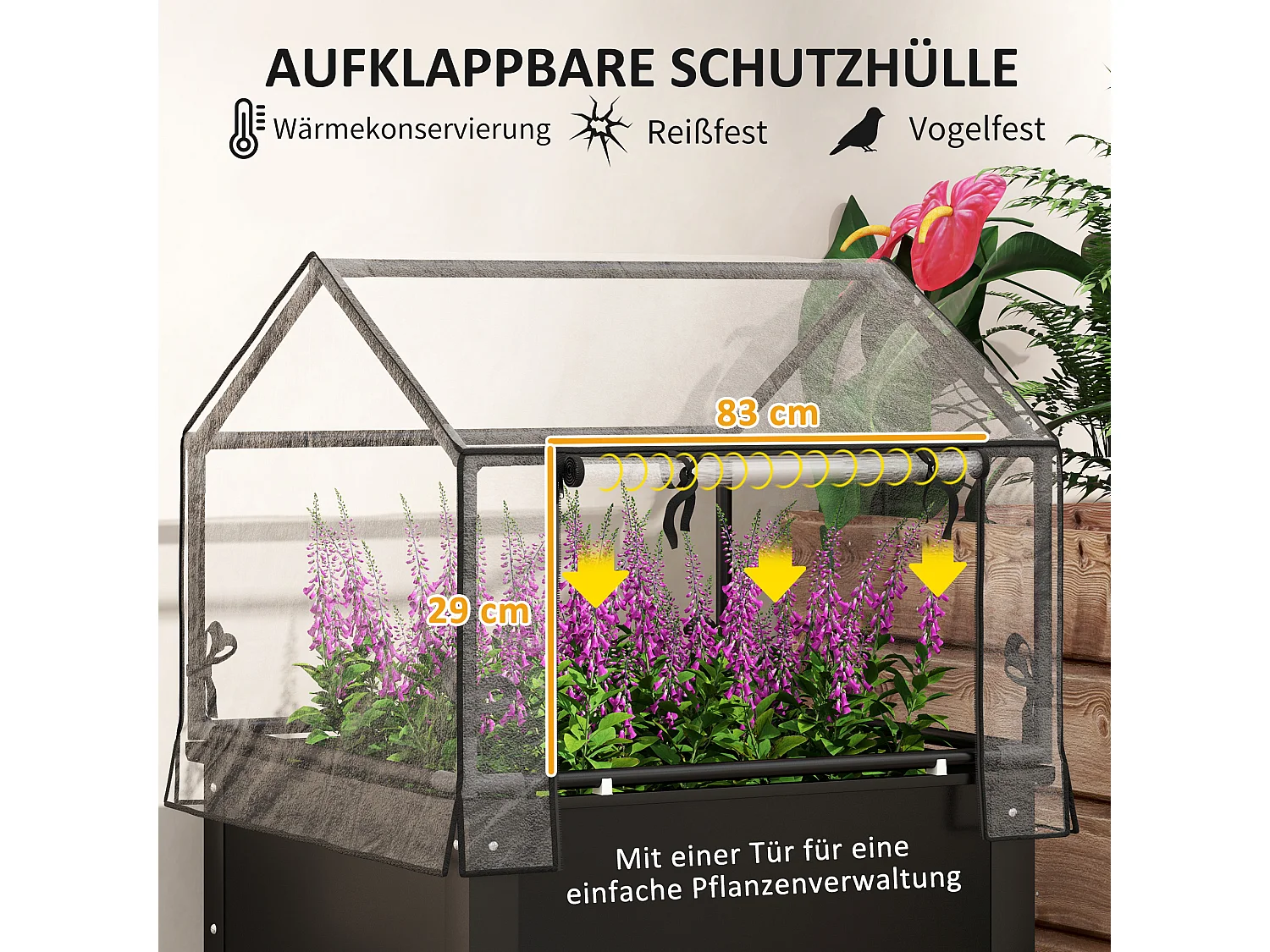 Bac à plantes surélevé avec couvercle transparent, métal résistant, noir (60x60x120cm)