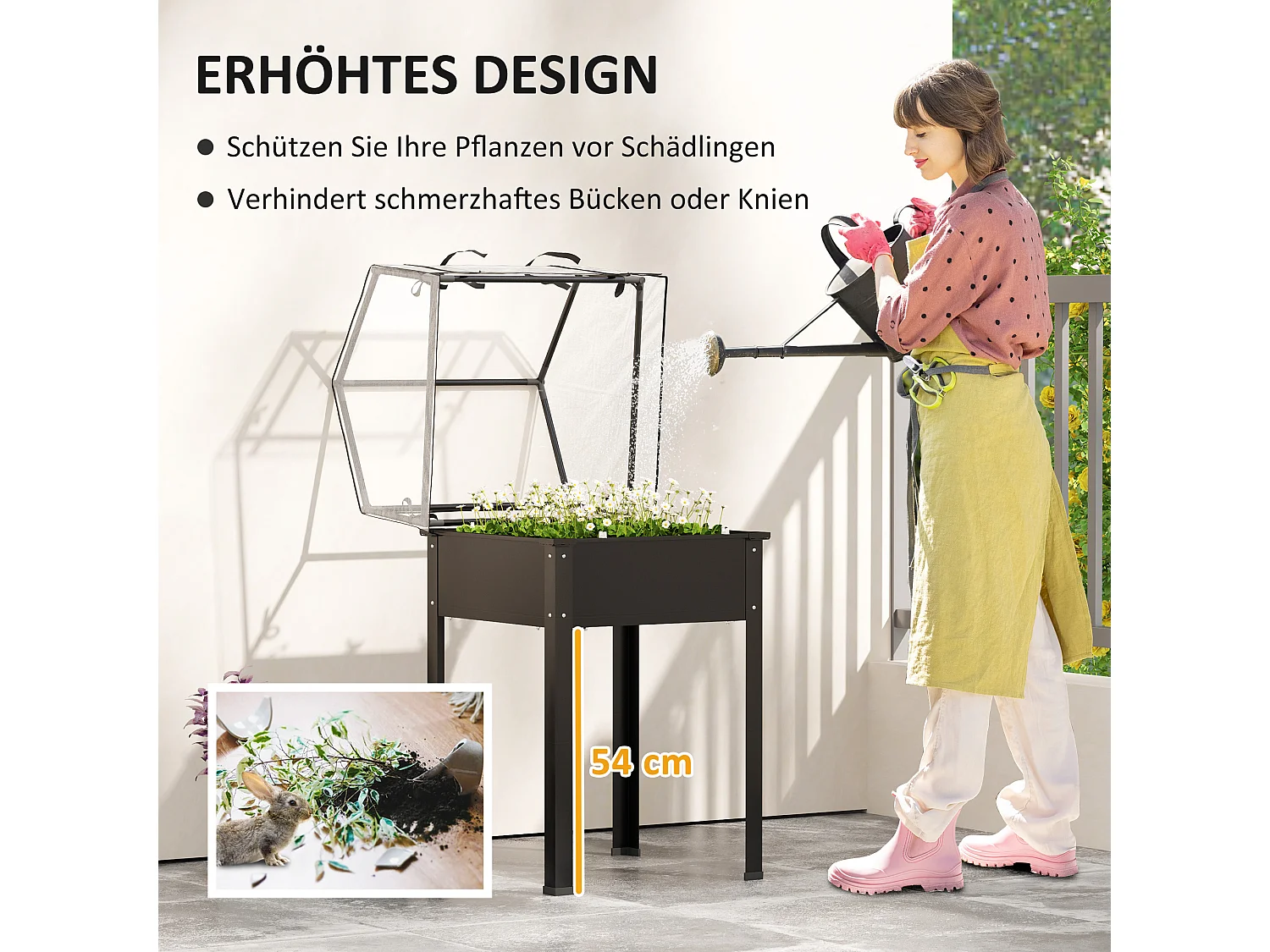 Bac à plantes surélevé avec couvercle transparent, métal résistant, noir (60x60x120cm)