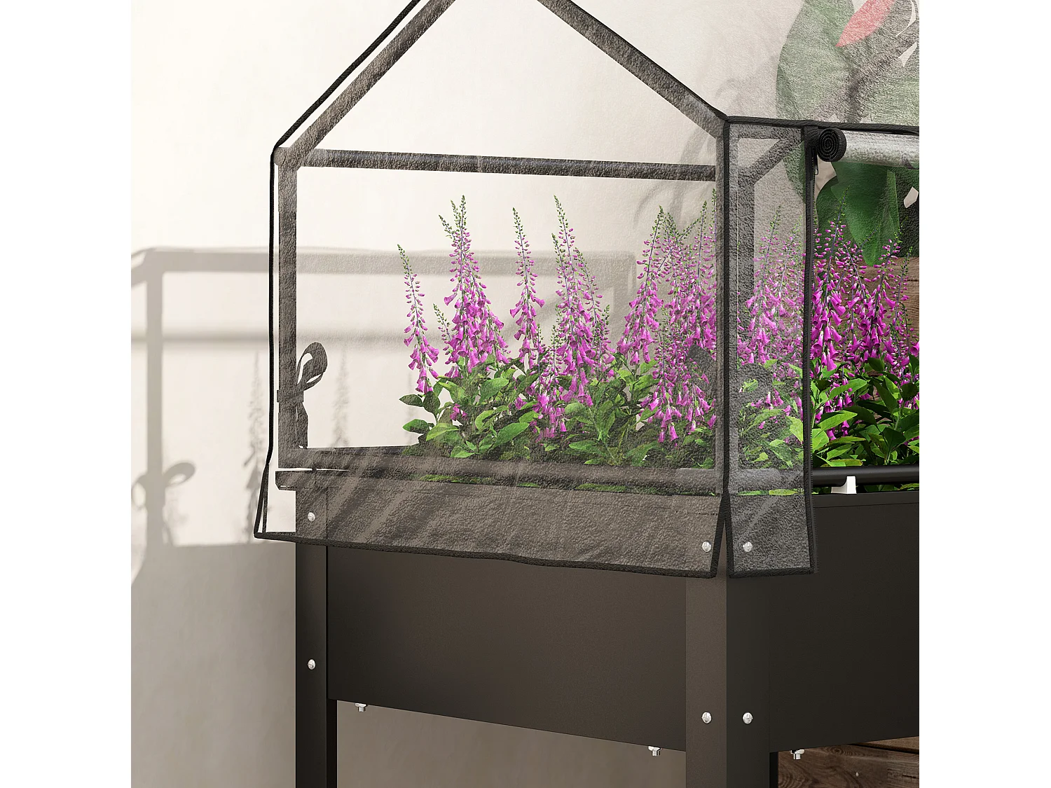 Bac à plantes surélevé avec couvercle transparent, métal résistant, noir (60x60x120cm)