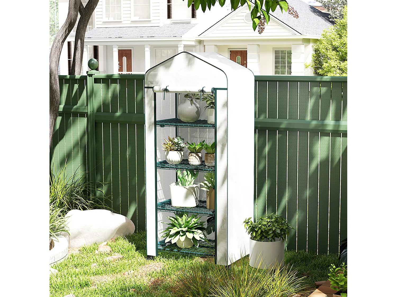 Serre de jardin avec fenêtres roulables, étagères, en acier, pour tomates et plantes, blanche (69x50x165 cm)