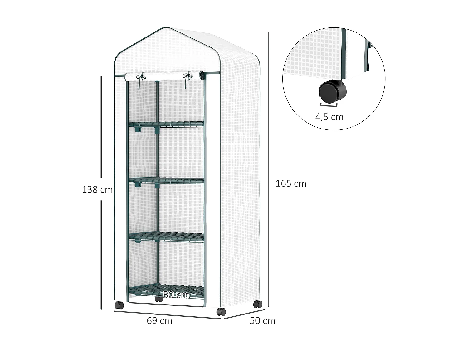 Serre de jardin avec fenêtres roulables, étagères, en acier, pour tomates et plantes, blanche (69x50x165 cm)