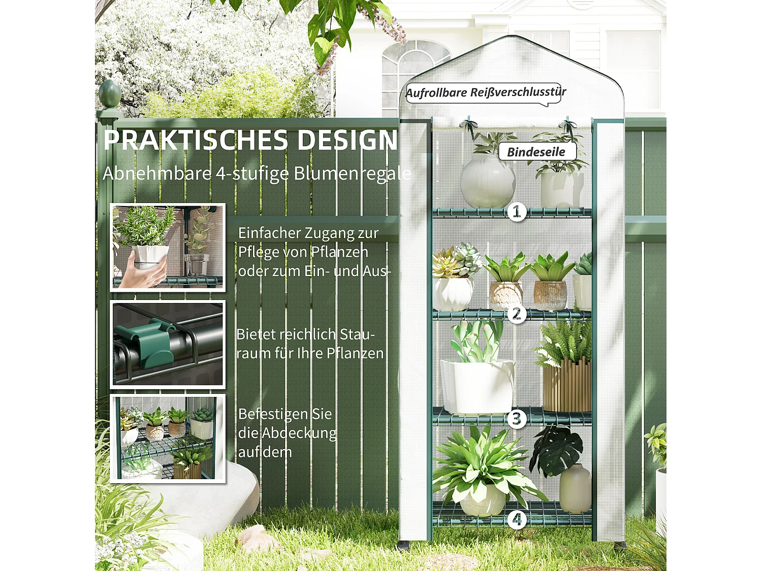 Serre de jardin avec fenêtres roulables, étagères, en acier, pour tomates et plantes, blanche (69x50x165 cm)