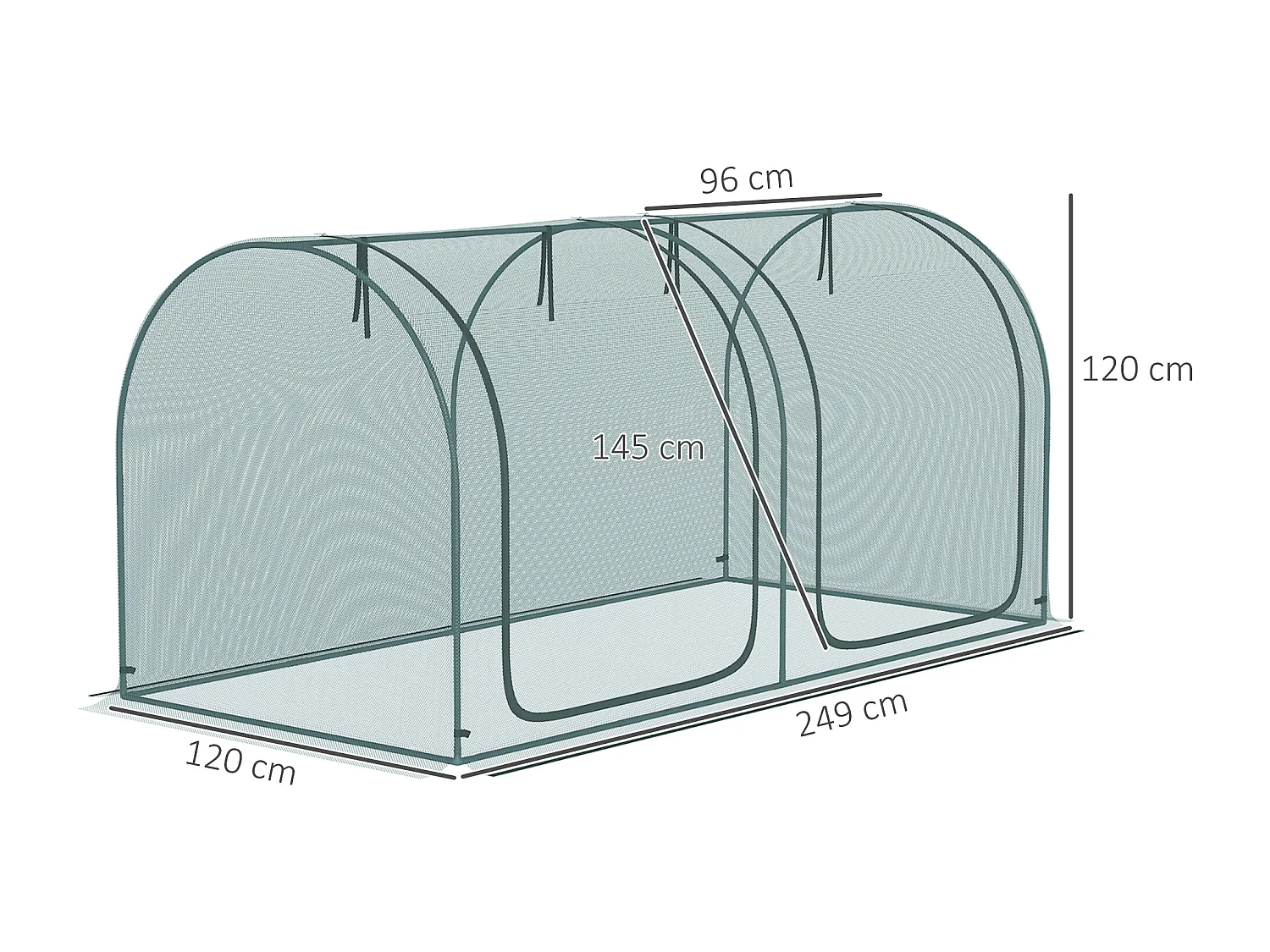 Mini-tuinkas 2,49x1,2m, insectenwering, staal en HDPE, donkergroen (249x120x120 cm)