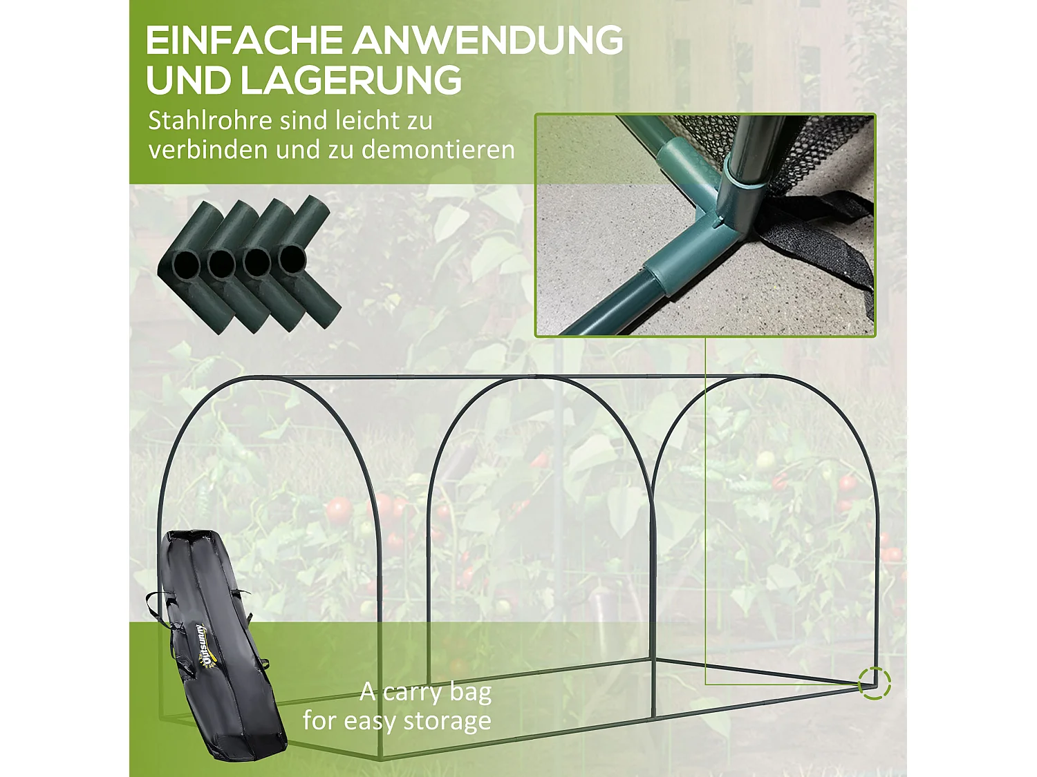 Mini-tuinkas 2,49x1,2m, insectenwering, staal en HDPE, donkergroen (249x120x120 cm)