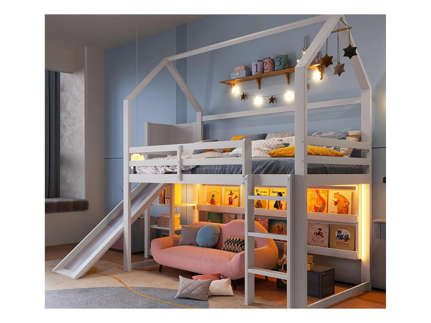 Lit mezzanine 90x200 cm - avec éclairage LED - avec toboggan - avec barrière de sécurité - blanc (sans matelas)