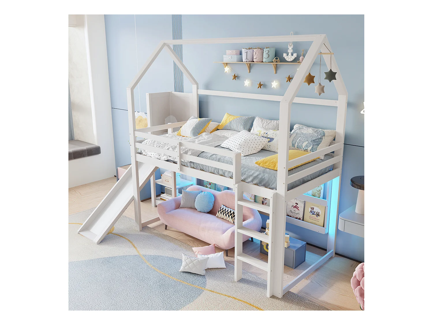 Lit mezzanine 90x200 cm - avec éclairage LED - avec toboggan - avec barrière de sécurité - blanc (sans matelas)