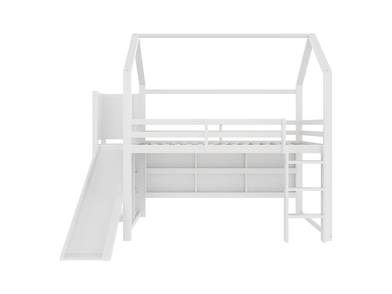 Lit mezzanine 90x200 cm - avec éclairage LED - avec toboggan - avec barrière de sécurité - blanc (sans matelas)