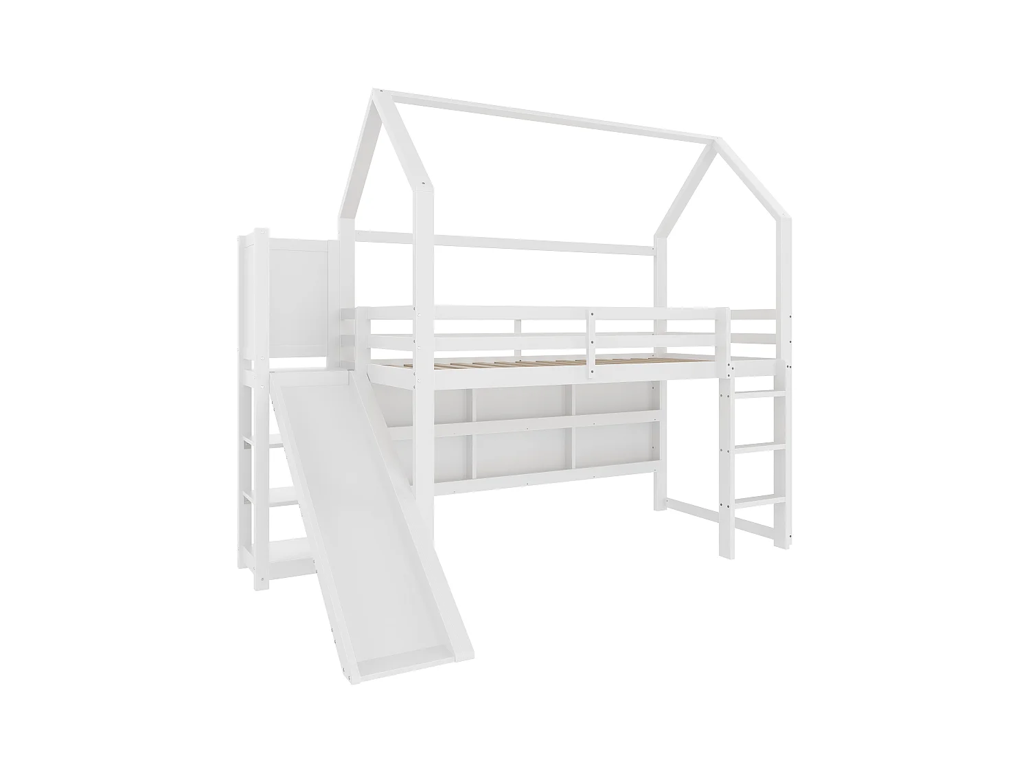 Lit mezzanine 90x200 cm - avec éclairage LED - avec toboggan - avec barrière de sécurité - blanc (sans matelas)