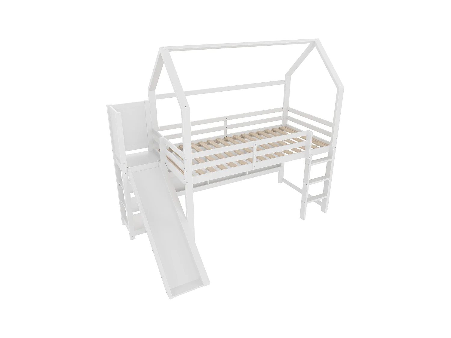 Lit mezzanine 90x200 cm - avec éclairage LED - avec toboggan - avec barrière de sécurité - blanc (sans matelas)